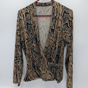 Rachel Roy Snake Print Faux Wrap Top V-Neck Blouse XL Edgy Long Sleeve Versatile
